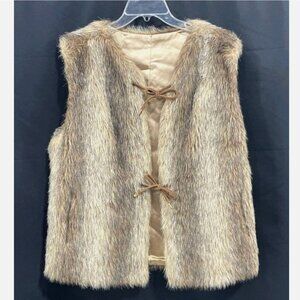 Vintage Cheyenne Faux Coyote Fur Vest Brown Tan Tie Front Oversized Women OS